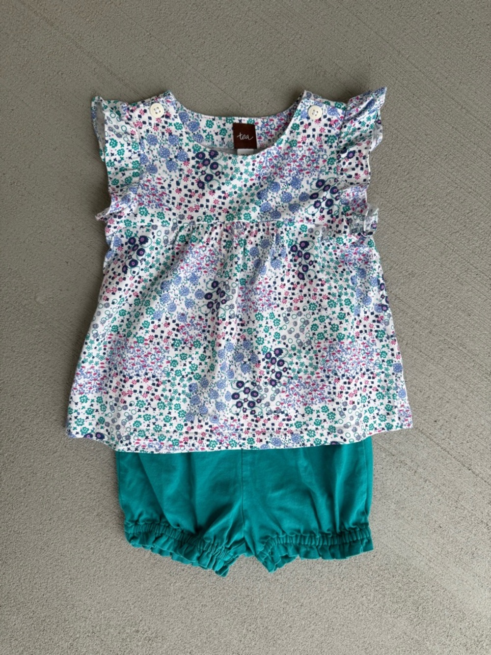 Tea Collection Floral Ruffle Top & Teal Bloomers Girls 18-24 Months 100% Cotton